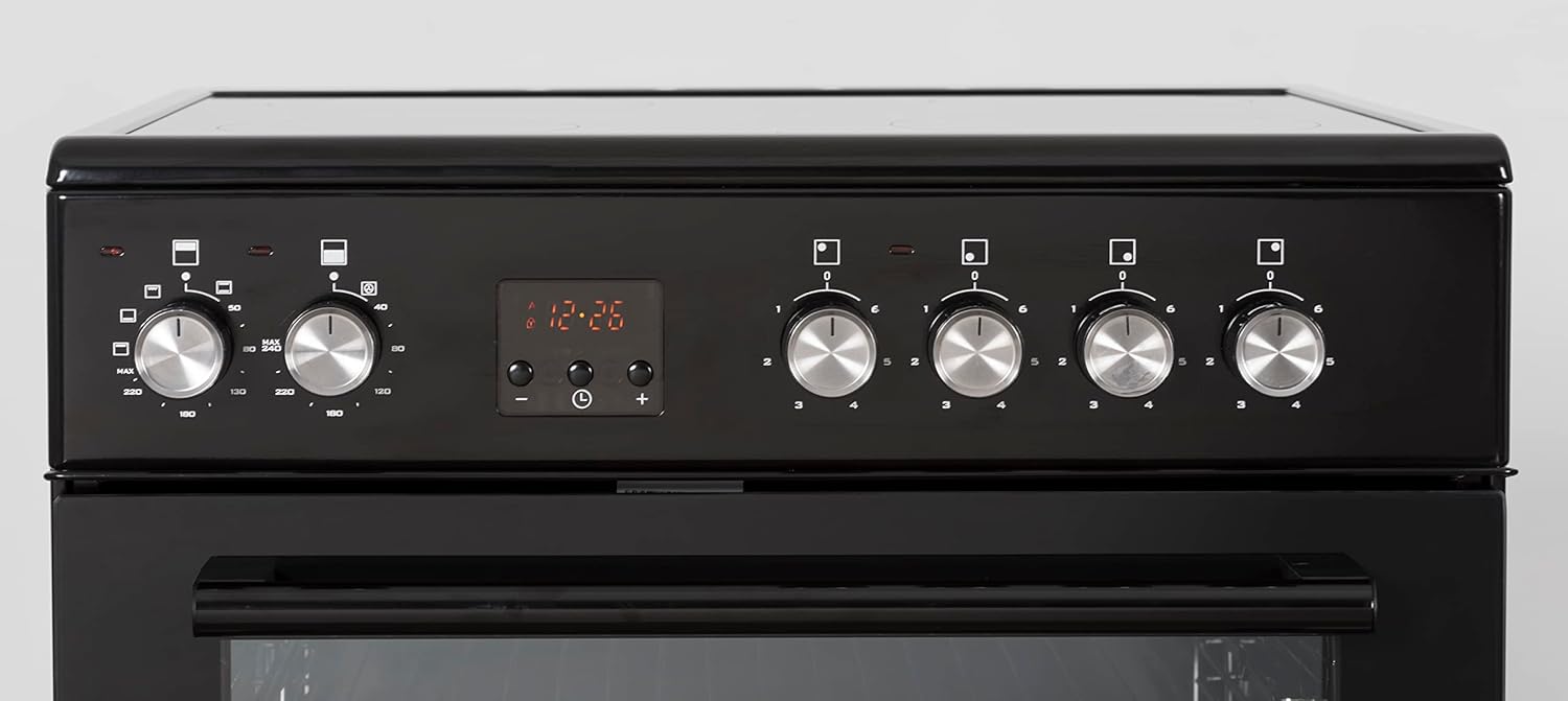 Cookology CFDO600BK 60cm Wide, 86 Litre Capacity Freestanding Electric Double Cooker Fan Oven with Ceramic Top 4 Cooking Zone Hob and – in Black           [Energy Class A]