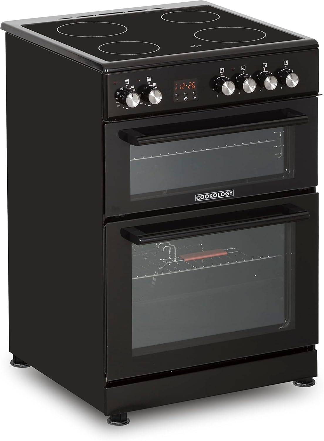 Cookology CFDO600BK 60cm Wide, 86 Litre Capacity Freestanding Electric Double Cooker Fan Oven with Ceramic Top 4 Cooking Zone Hob and – in Black           [Energy Class A]