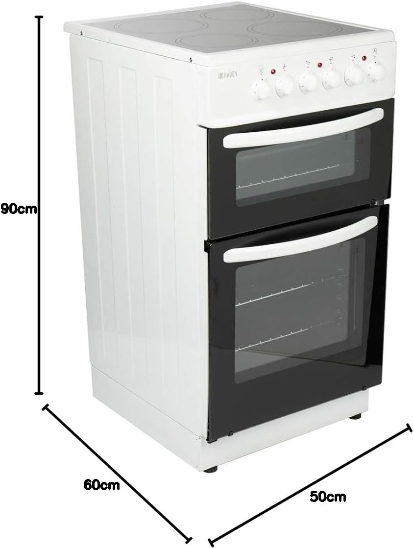Haden 50cm Freestanding Double Oven Electric Cooker - 4 Zone Ceramic Hob and Fan-Assisted Lower Oven - Easy To Clean Enamel Interior - Double Glazed Glass Doors
