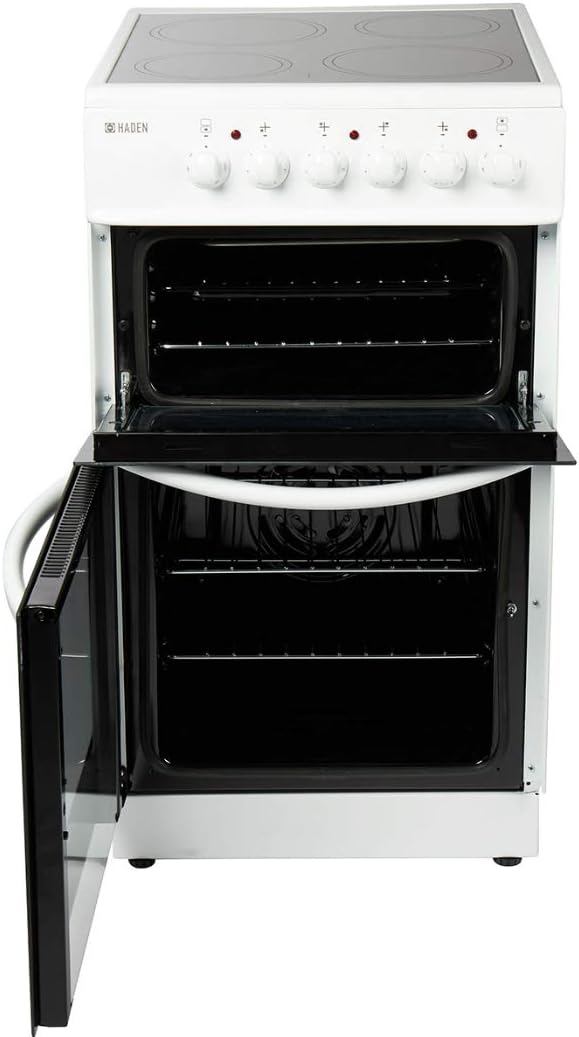 Haden 50cm Freestanding Double Oven Electric Cooker - 4 Zone Ceramic Hob and Fan-Assisted Lower Oven - Easy To Clean Enamel Interior - Double Glazed Glass Doors
