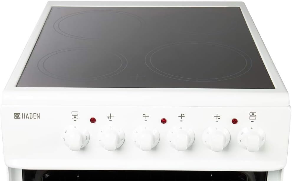Haden 50cm Freestanding Double Oven Electric Cooker - 4 Zone Ceramic Hob and Fan-Assisted Lower Oven - Easy To Clean Enamel Interior - Double Glazed Glass Doors