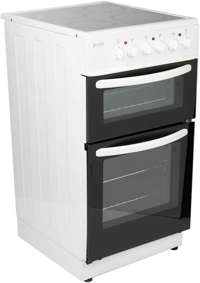 Haden 50cm Freestanding Double Oven Electric Cooker - 4 Zone Ceramic Hob and Fan-Assisted Lower Oven - Easy To Clean Enamel Interior - Double Glazed Glass Doors