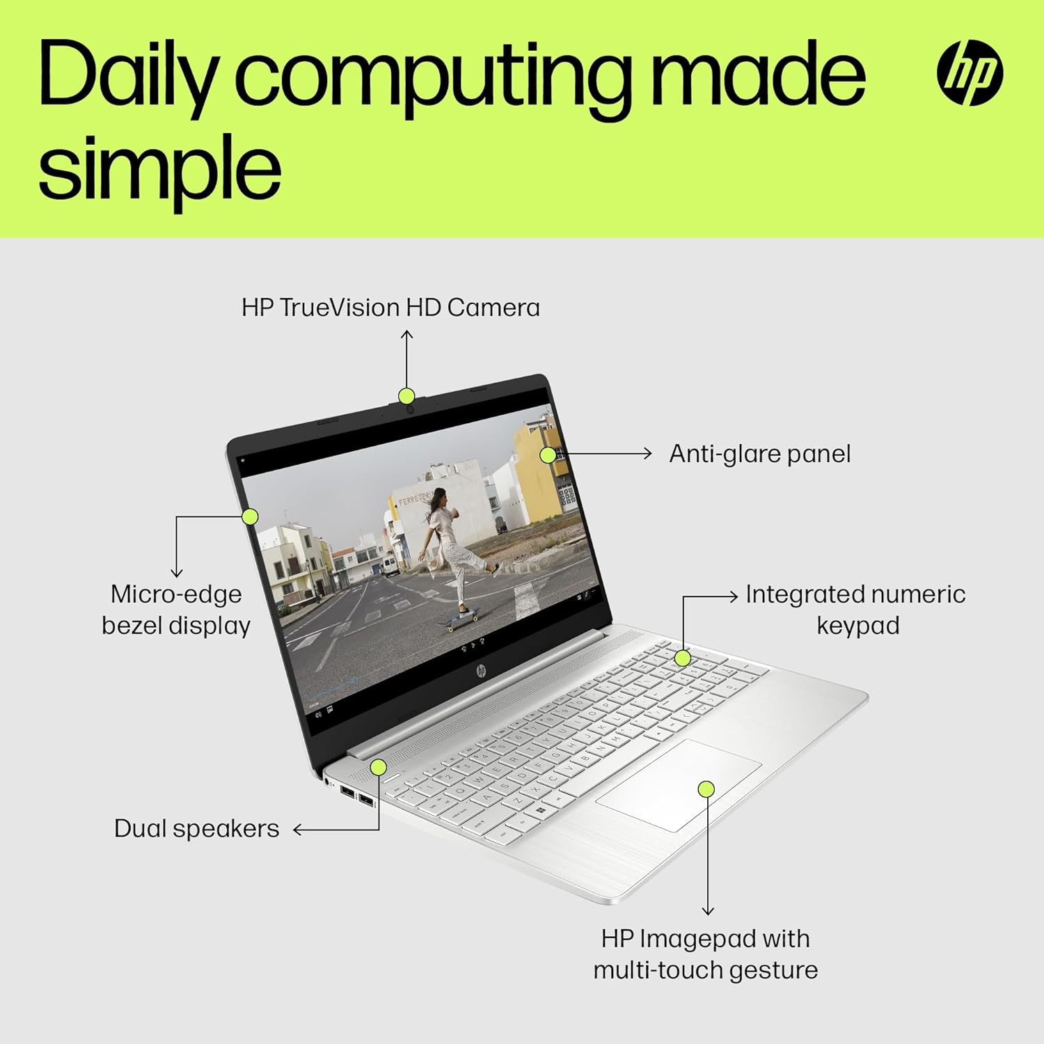 HP 15 Laptop, AMD Ryzen 5-5500U Processor, 16 GB RAM, 512 GB SSD, AMD Radeon Graphics, FHD Display, Up to 9 hrs 30 battery, Win 11, Dual Speakers, Natural Silver, 15s-eq2005sa