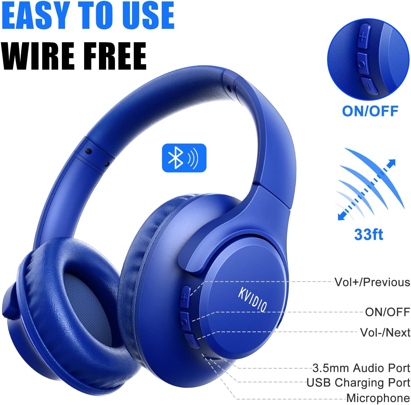 KVIDIO Bluetooth Headphones Over Ear, 65 Hours Playtime Wireless Headphones with Microphone, Foldable Lightweight Headset with Deep Bass,HiFi Stereo Sound for Travel Work PC Cellphone (Black)