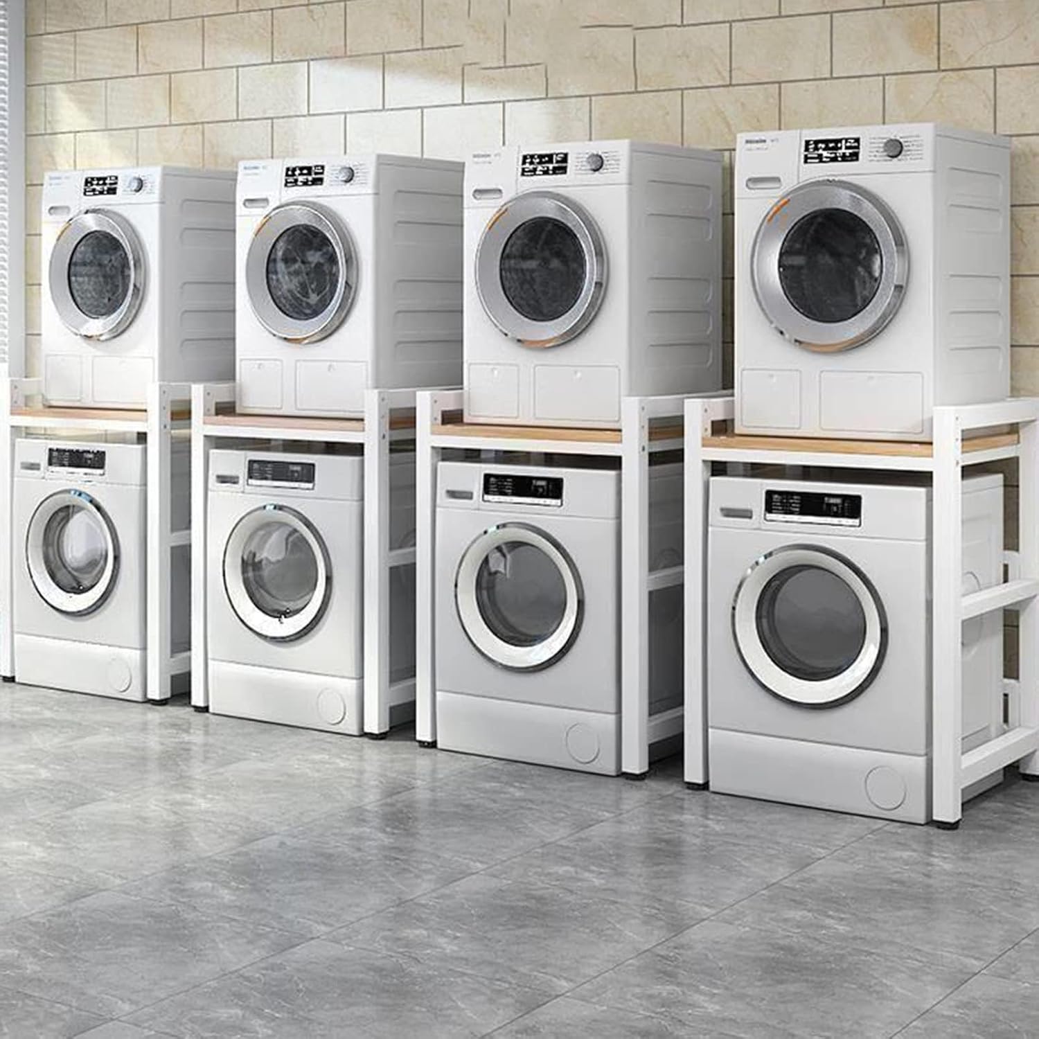 Stacking Set Adjustable Stand Front Load Washer and Dryer Portable Rack with 400kg Capacity Over Washing Machine Laundry Storage Unit(Color:Black Frame and Black)