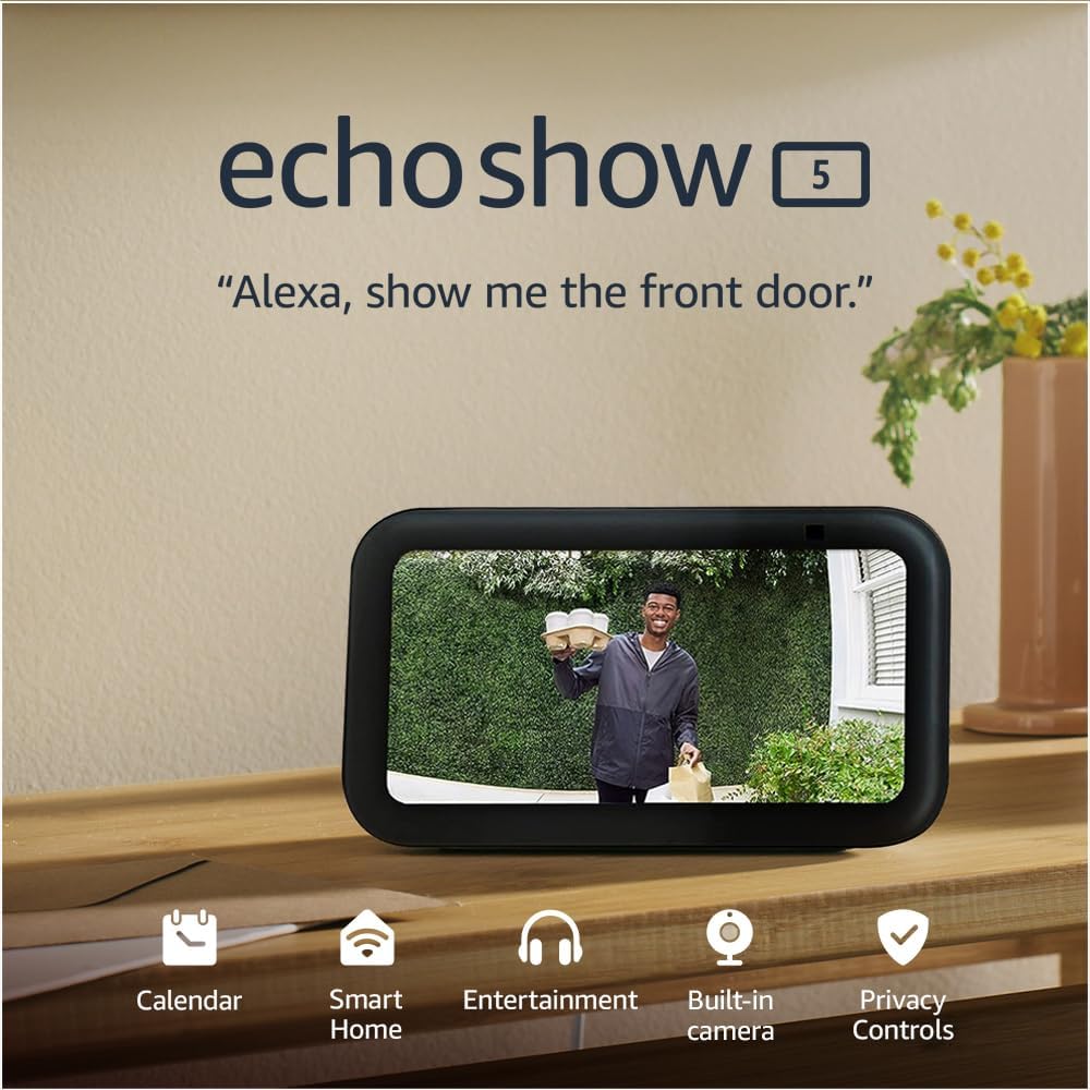 Echo Show 5 (3rd Gen, 2023 release) | Smart display and alarm clock with clearer sound | Charcoal