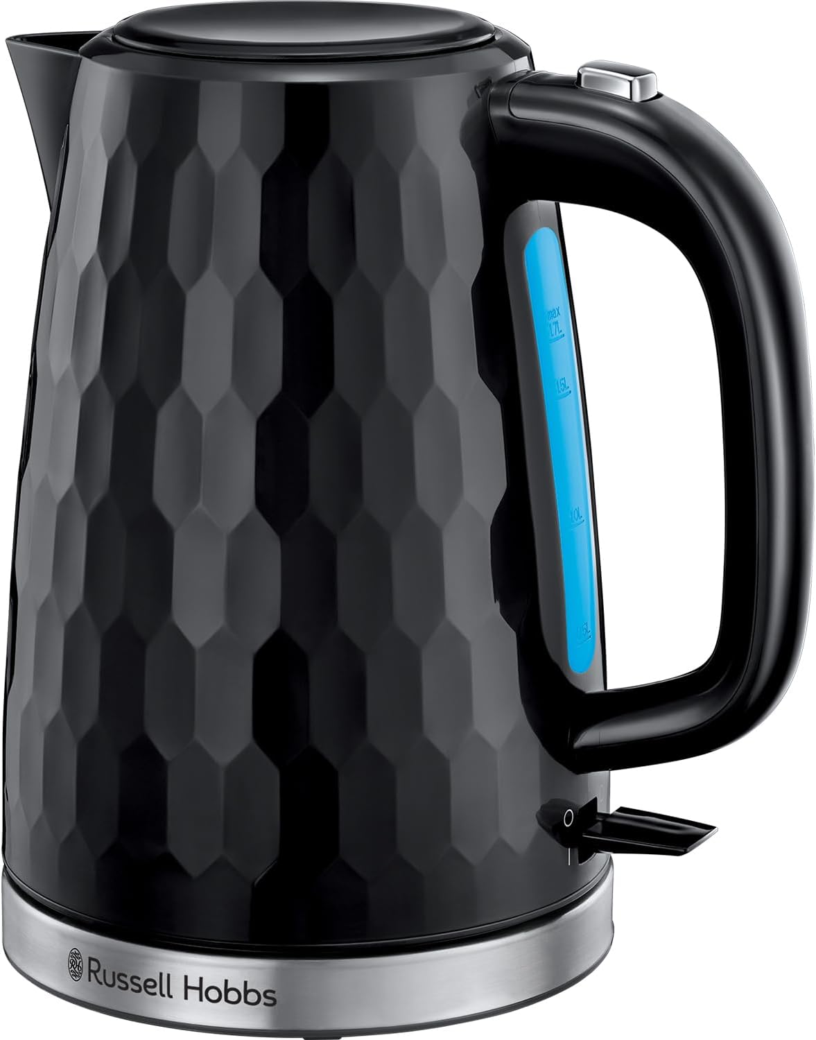 Russell Hobbs Honeycomb Electric 1.7L Cordless Kettle (Fast Boil 3KW, Black premium plastic, matt  high gloss finish, Removable washable anti-scale filter, Push button lid, Perfect pour spout) 26051