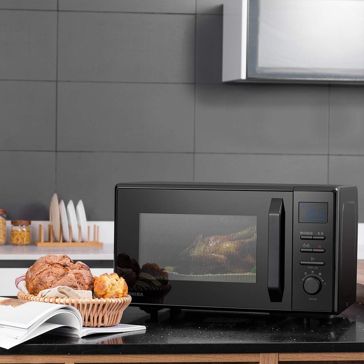 Toshiba 900w 23L Microwave Oven with 1050w Crispy Grill, Energy Saving Eco Function, 8 Auto Menus, 5 Power Levels and Position Memory Turntable - Black - MW2-AG23PF(BK)